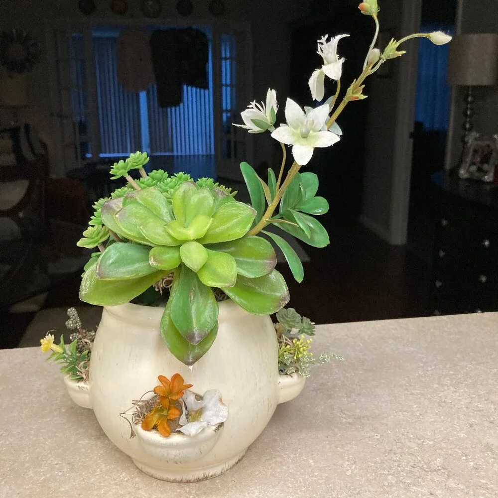 Cream Ceramic Pot wit Artificial Succulent Plants
